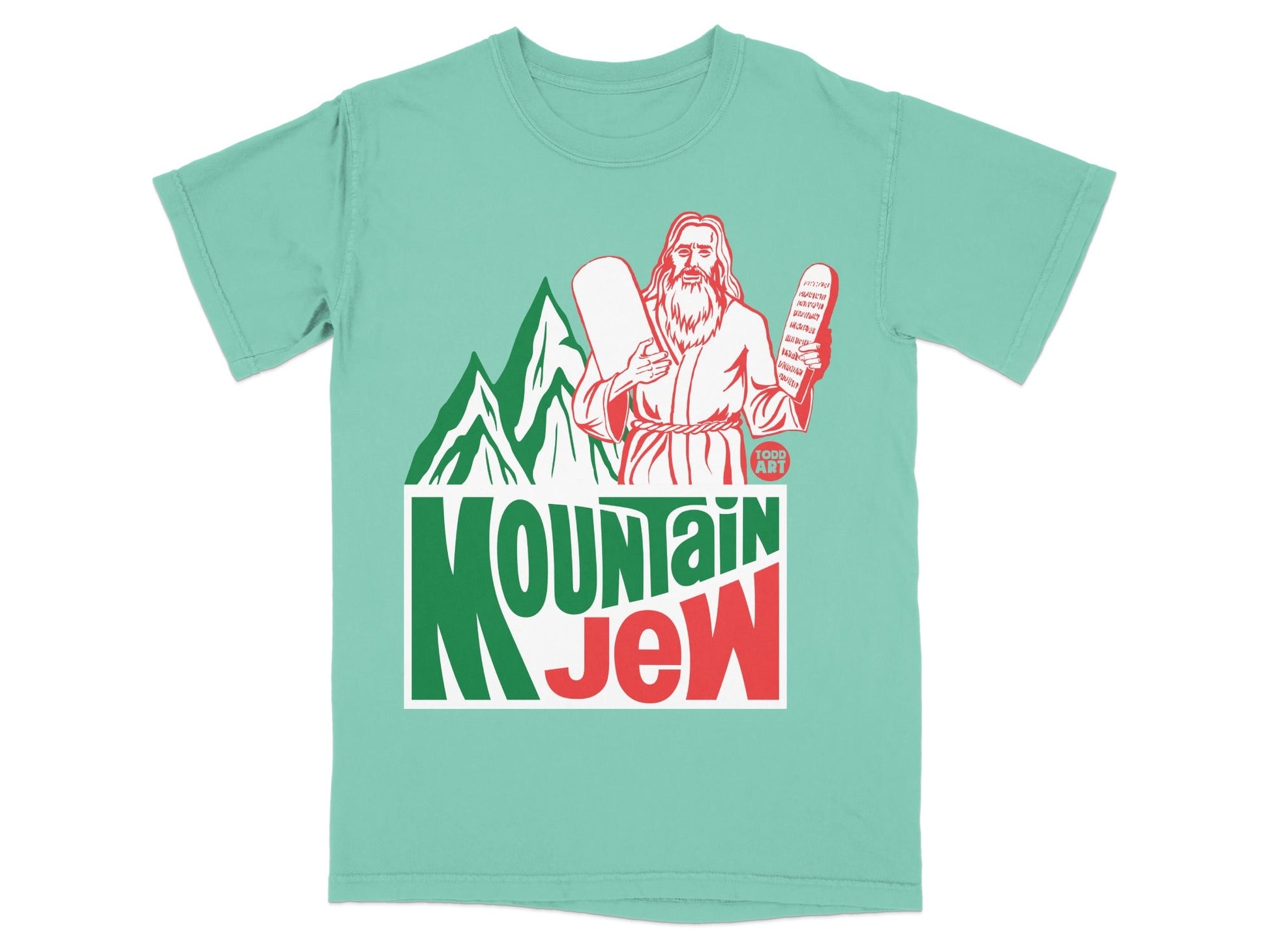 Mint green t-shirt with "Mountain Jew" design featuring Moses and the Ten Commandments.