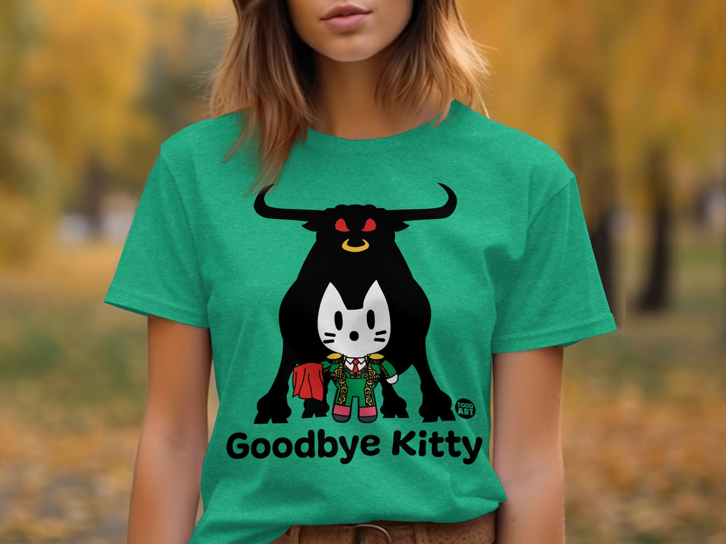 Goodbye Kitty Green Graphic Short Sleeve T-Shirt