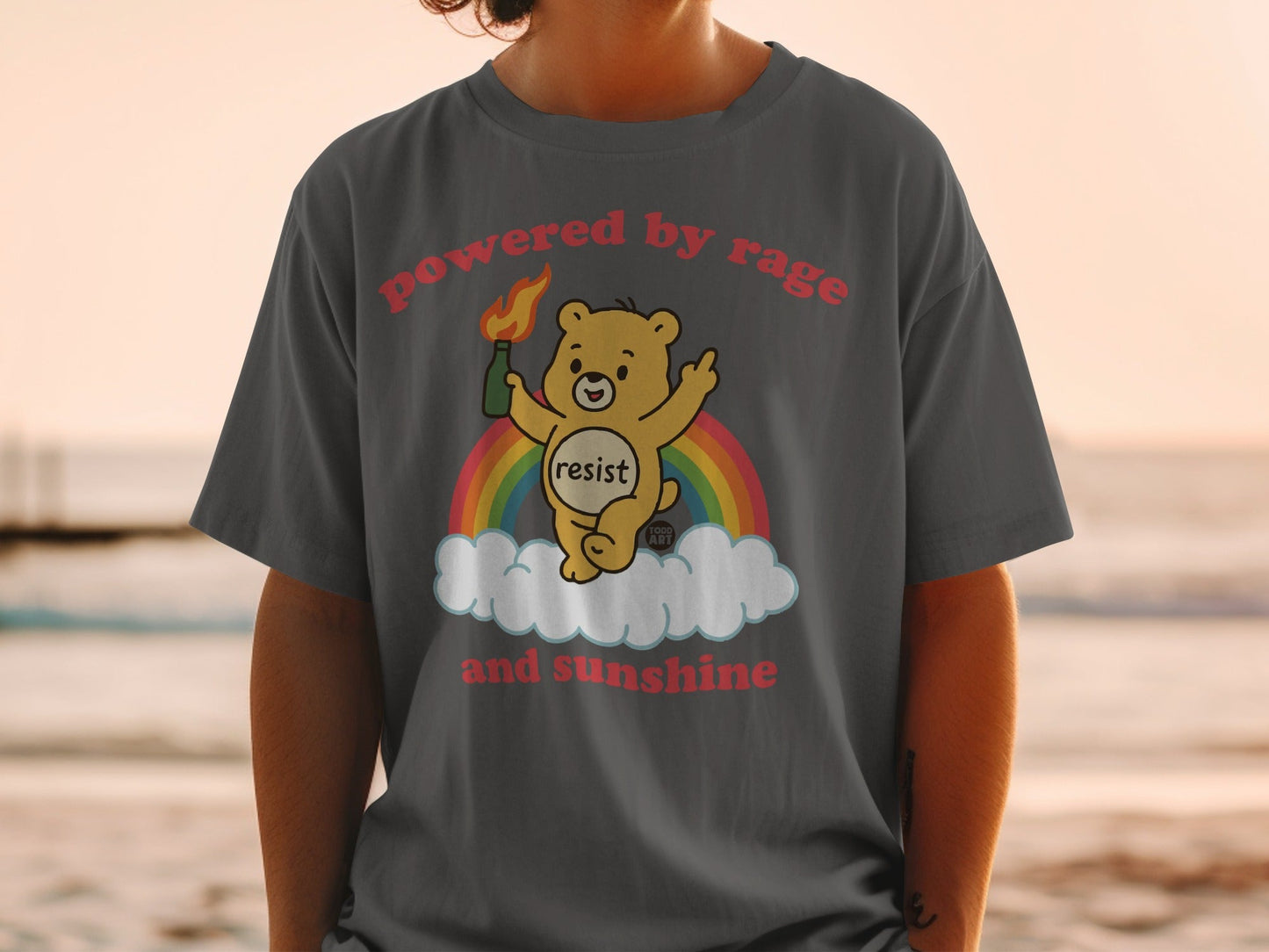 Powered by Rage and Sunshine Bear Graphic T-Shirt