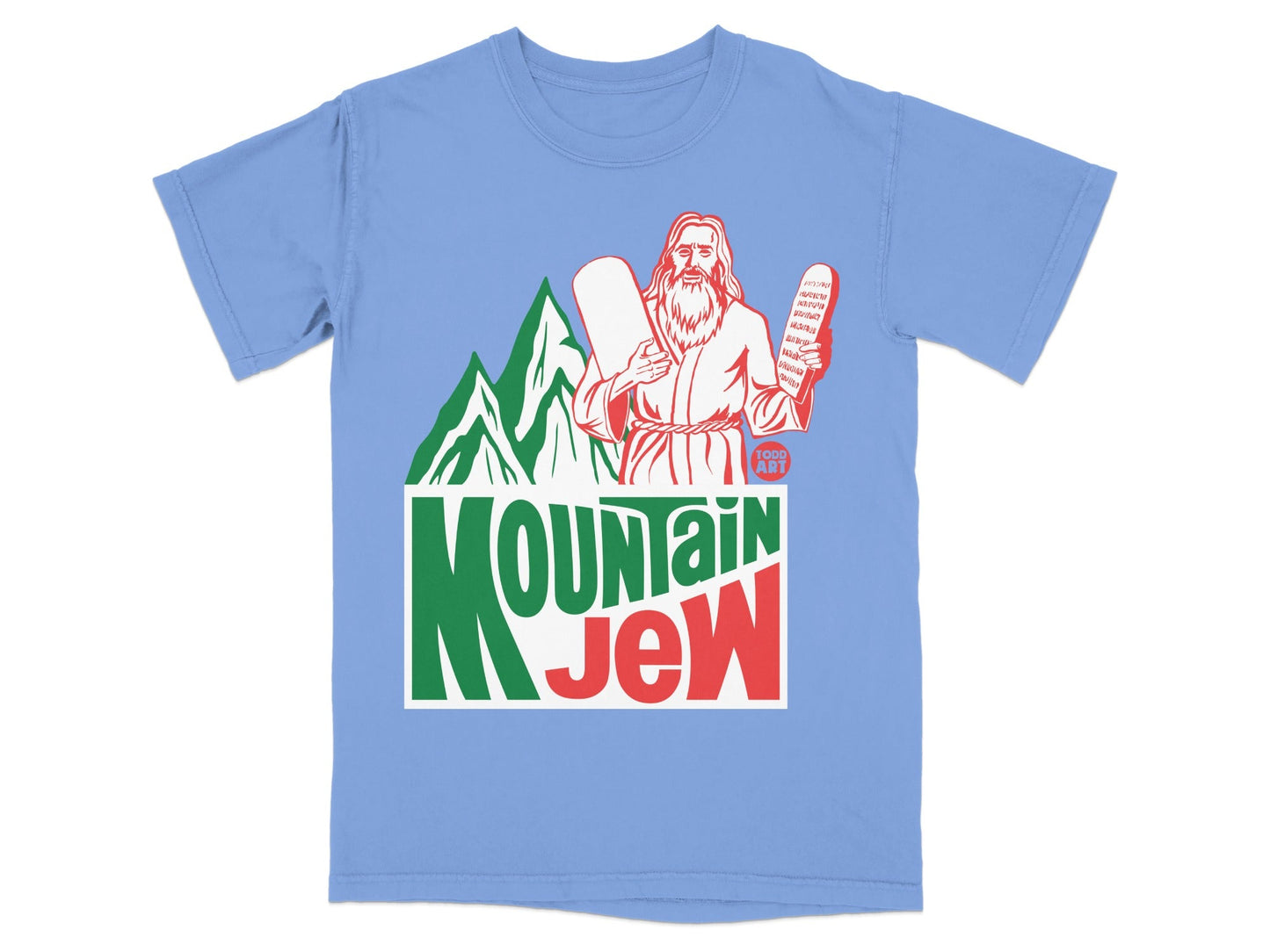 T-shirt with "Mountain Jew" logo, Jesus holding tablets, green mountains.