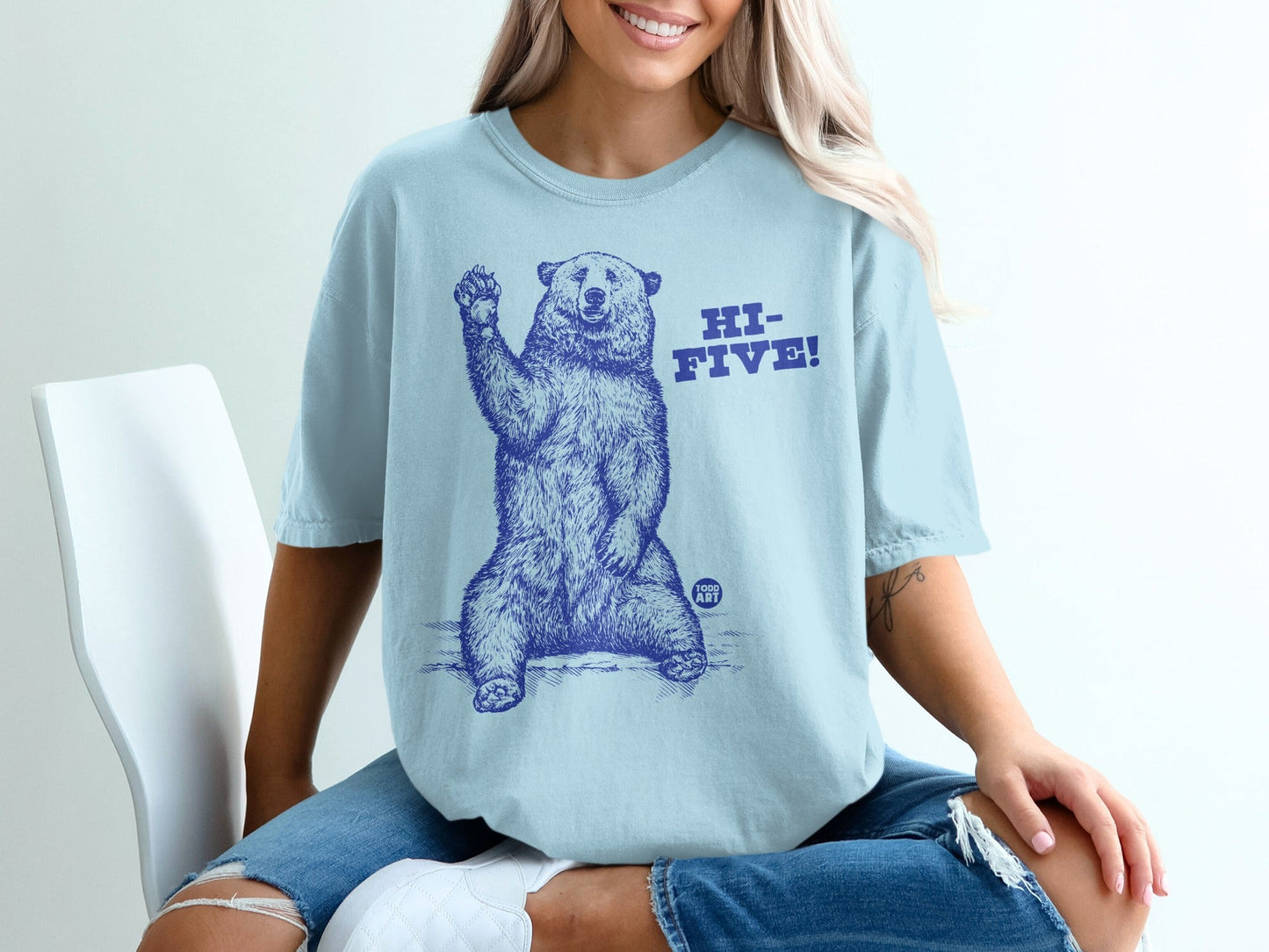 Bear Giving Hi-Five Graphic on Blue T-Shirt
