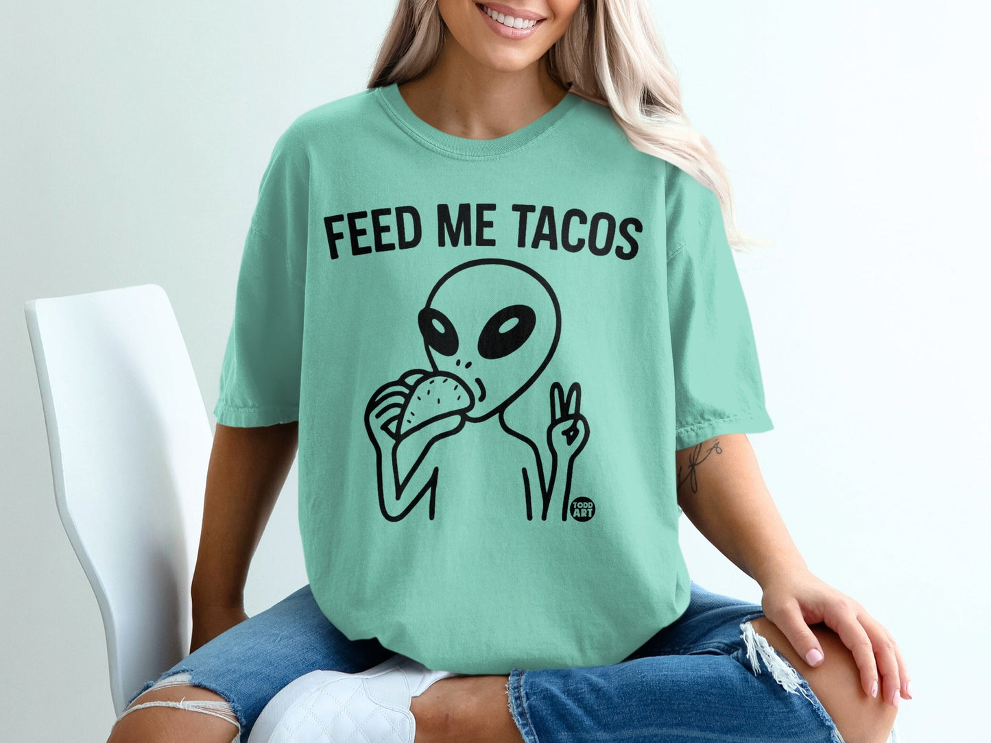 Alien Eating Tacos Graphic Shirt Feed Me Tacos T-Shirt