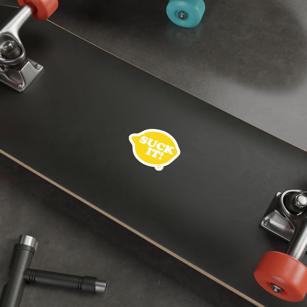Skateboard with Suck It! Lemon Graphic Design