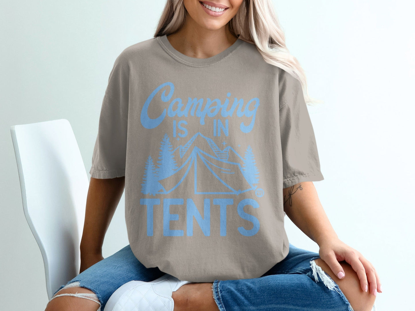 T-shirt with "Camping Is In Tents" graphic and tent illustration.