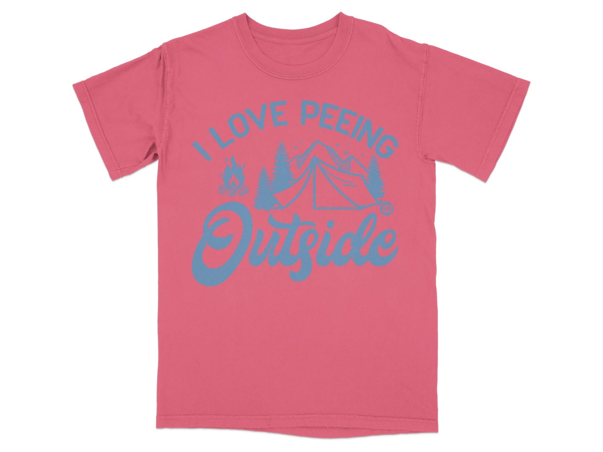 Coral t-shirt with blue text and camping graphic that reads "I Love Peeing Outside".