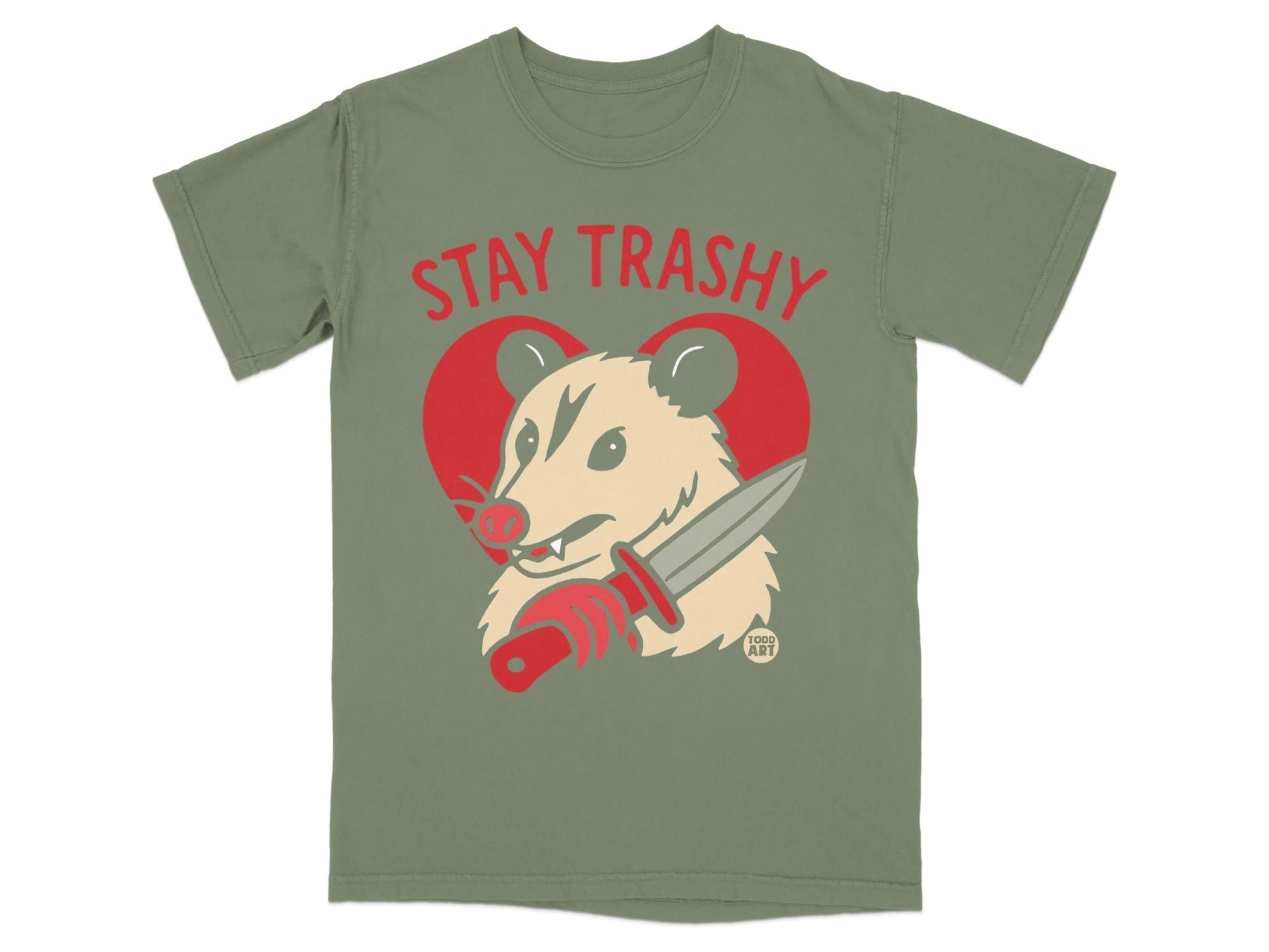 Opossum wearing a knife with "STAY TRASHY" text over a heart.