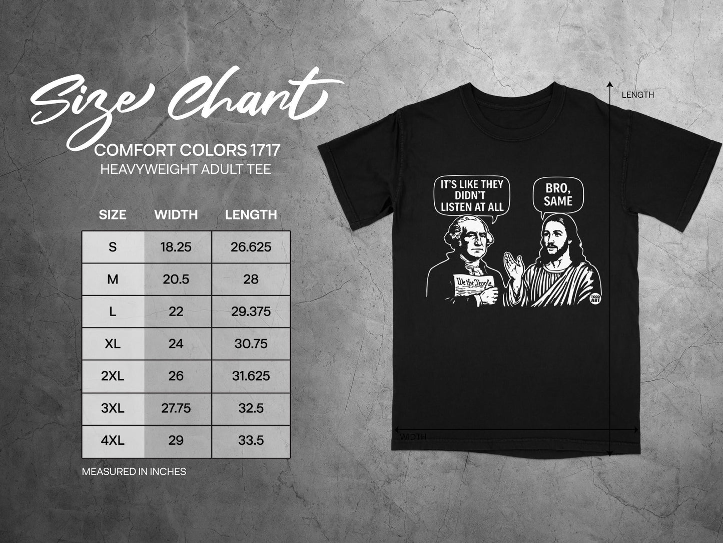 Size chart for Comfort Colors 1717 heavyweight adult tee with measurements.