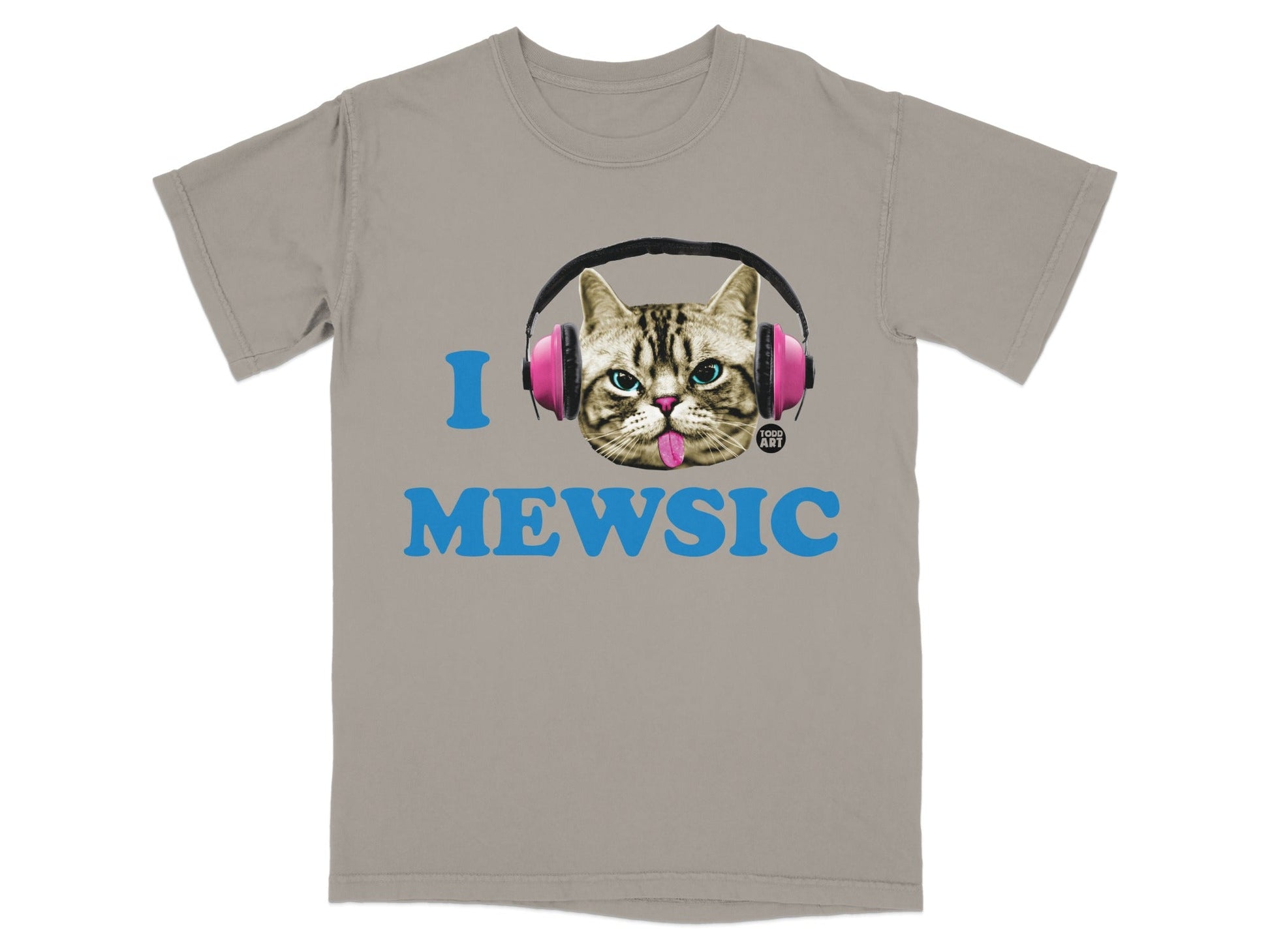 Grey t-shirt with blue text and a cat wearing headphones.