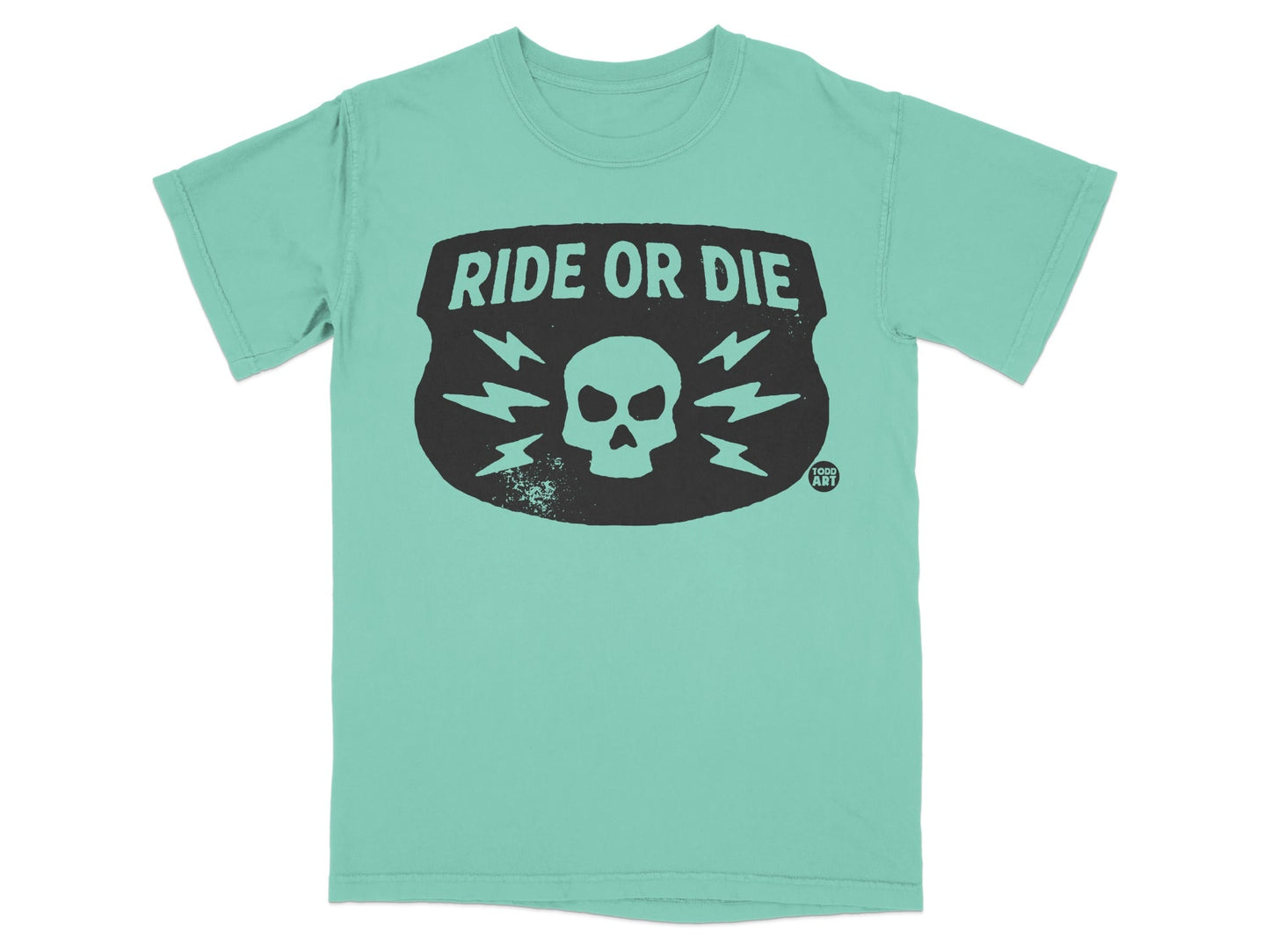 Teal t-shirt with black "Ride or Die" skull and lightning bolt graphic.