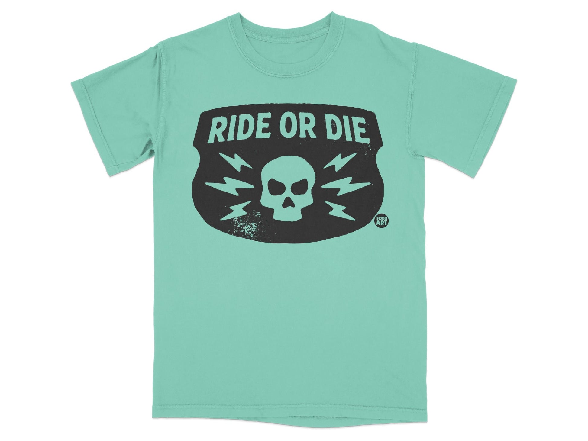 Teal t-shirt with black "Ride or Die" skull and lightning bolt graphic.