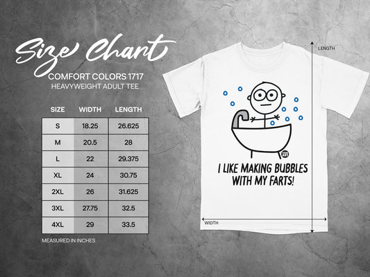 Size chart for Comfort Colors 1717 heavyweight adult tee with funny fart graphic.
