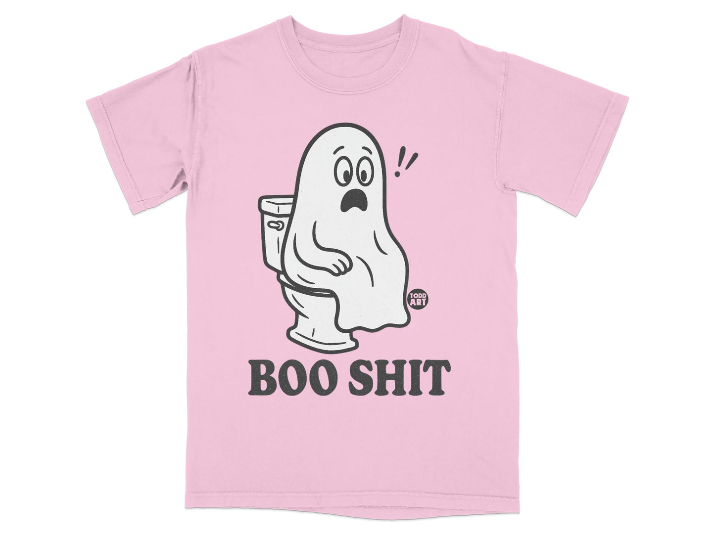 Pink t-shirt with cartoon ghost sitting on a toilet and text "BOO SHIT".