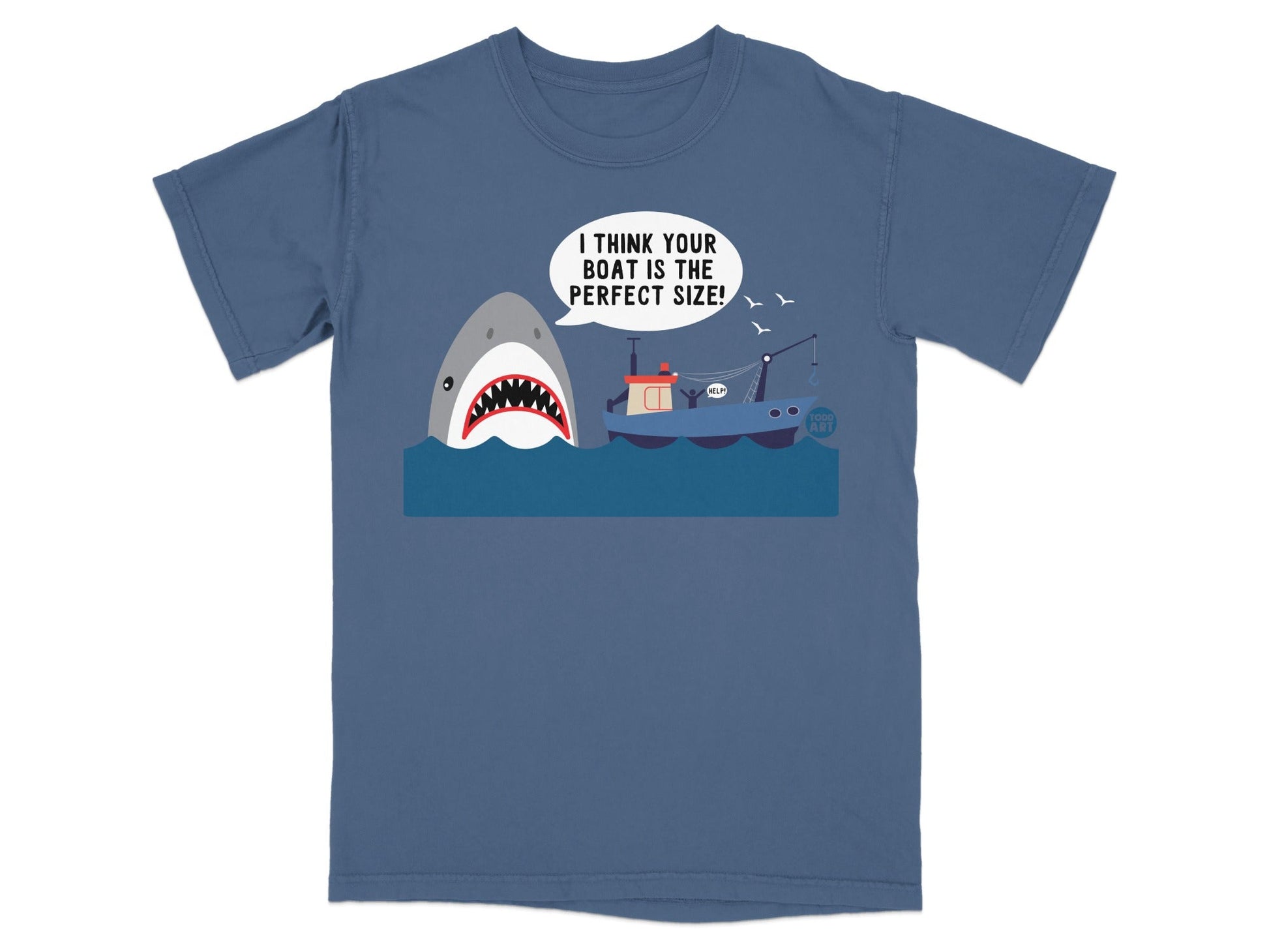 T-shirt with a cartoon shark and fishing boat, text reads "I THINK YOUR BOAT IS THE PERFECT SIZE!"