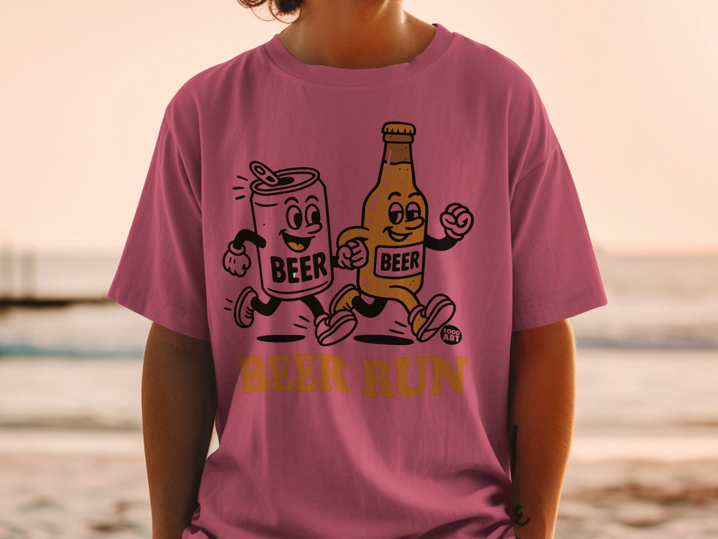 Beer Run Cartoon Characters Pink T-Shirt
