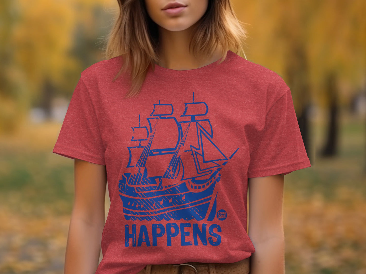 Classic Red Shirt with Blue Ship Print Happens Design