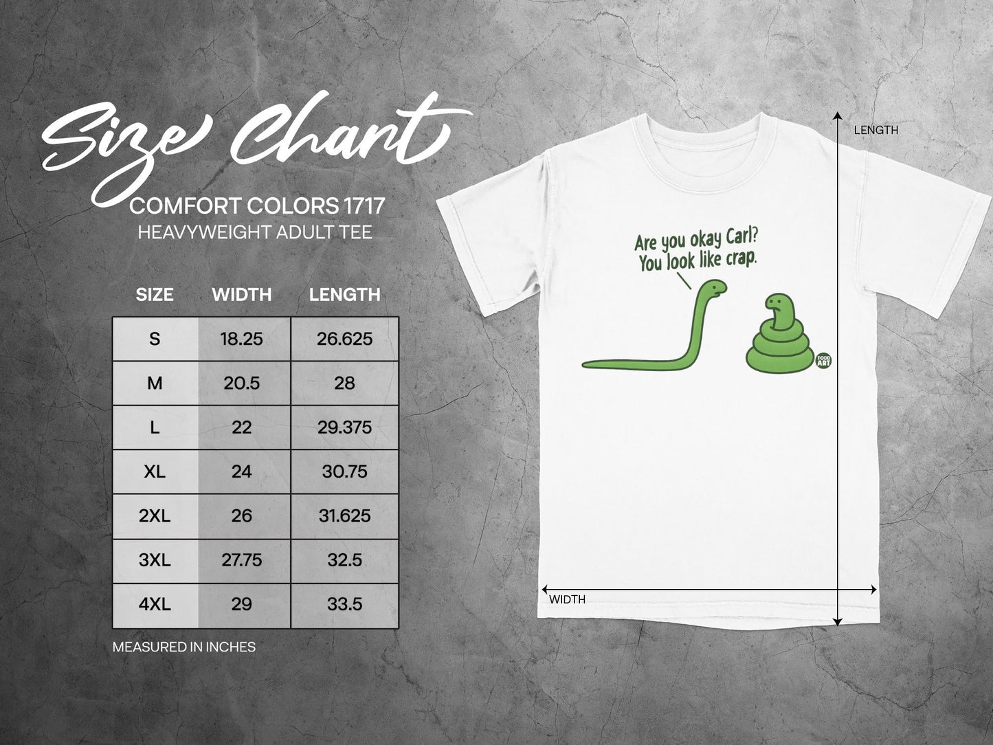 Size chart for Comfort Colors 1717 heavyweight adult tee with cartoon snake.