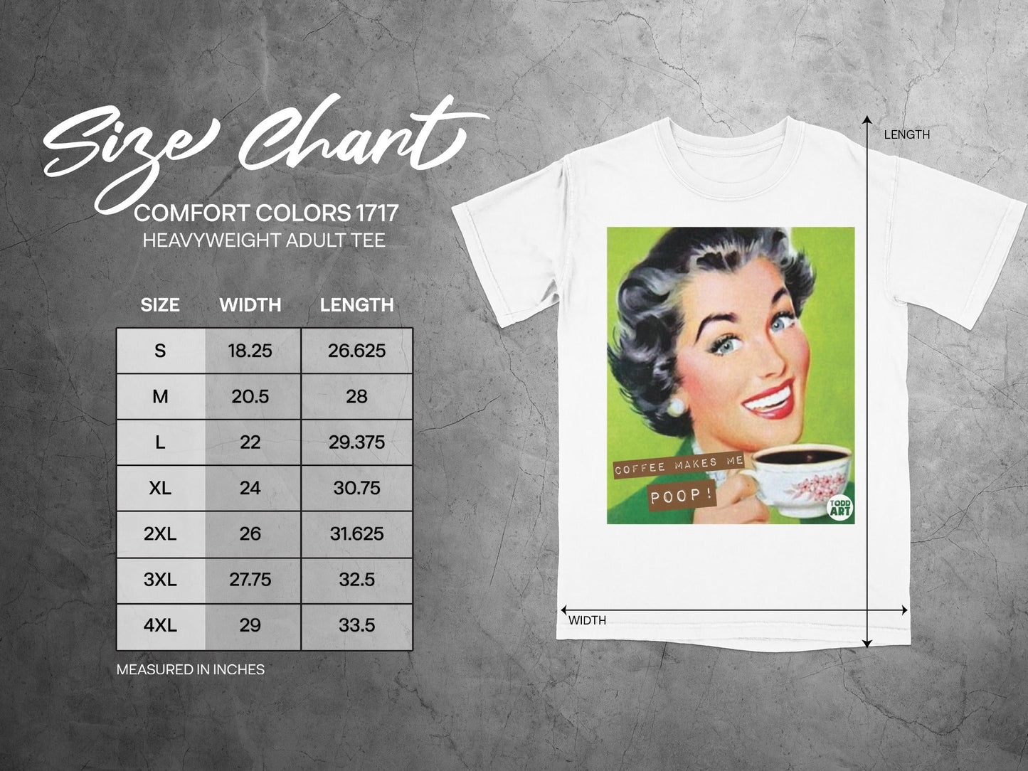 Size chart with comedic graphic of woman drinking coffee.