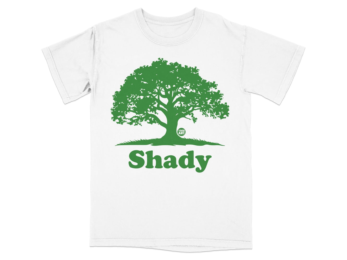 White t-shirt with green "Shady" text and a green oak tree graphic.