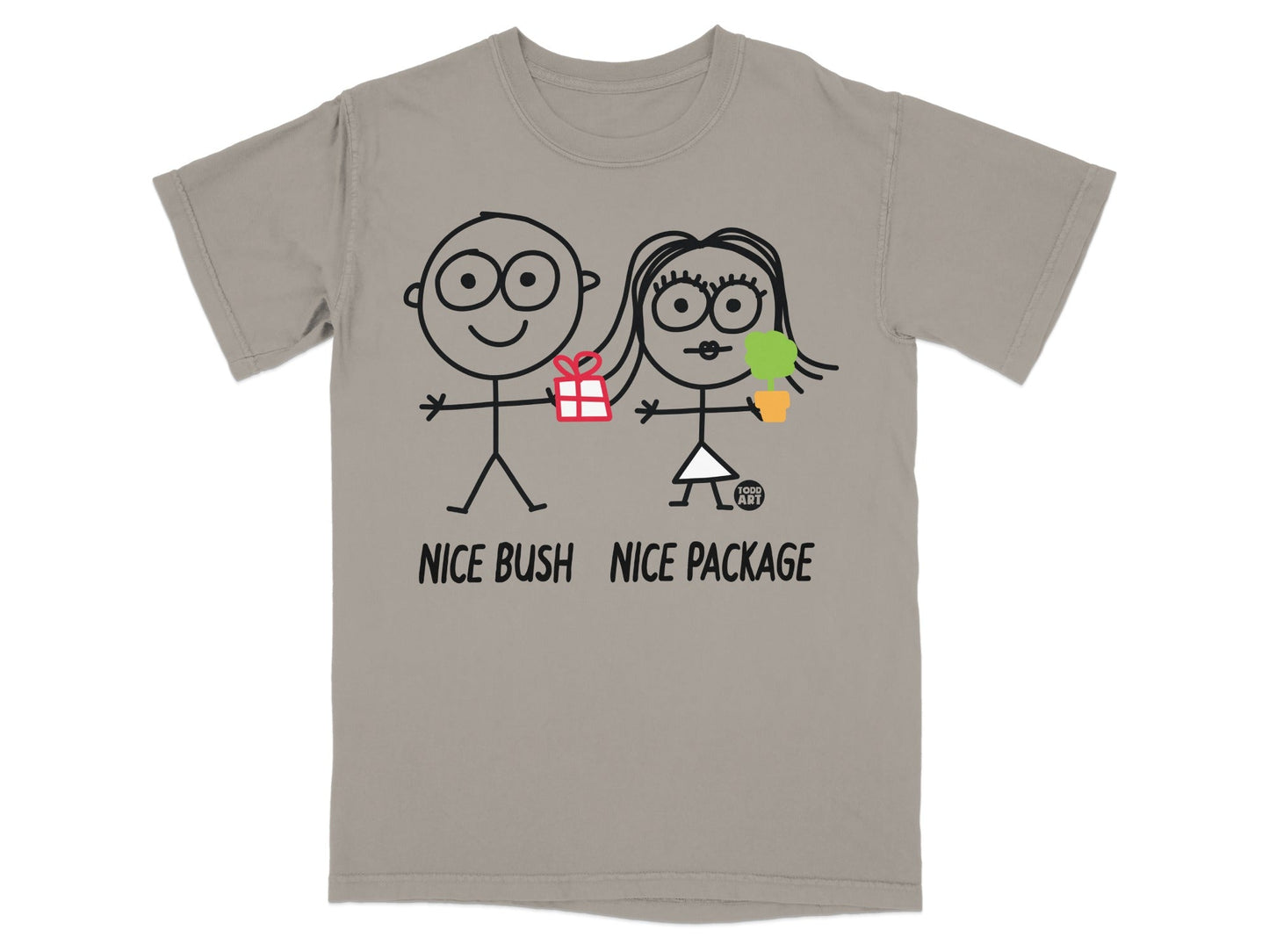 Stick figures holding gifts and flowers with text "NICE BUSH NICE PACKAGE".