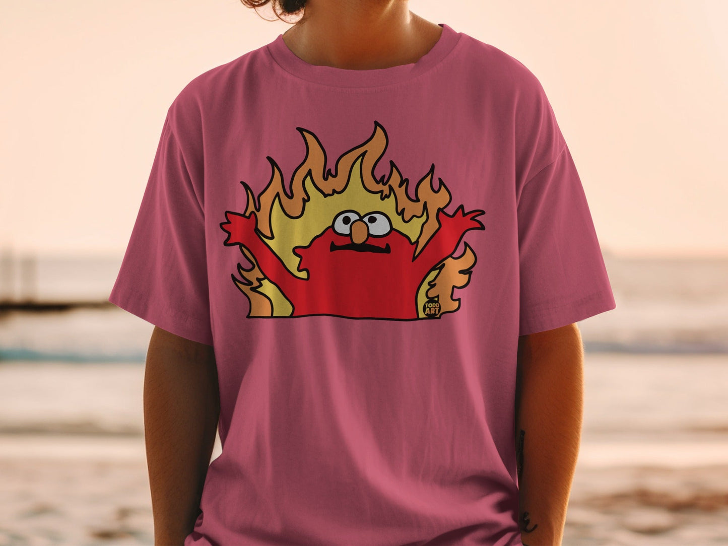 Elmo t-shirt with flames and "1000 ART" logo.