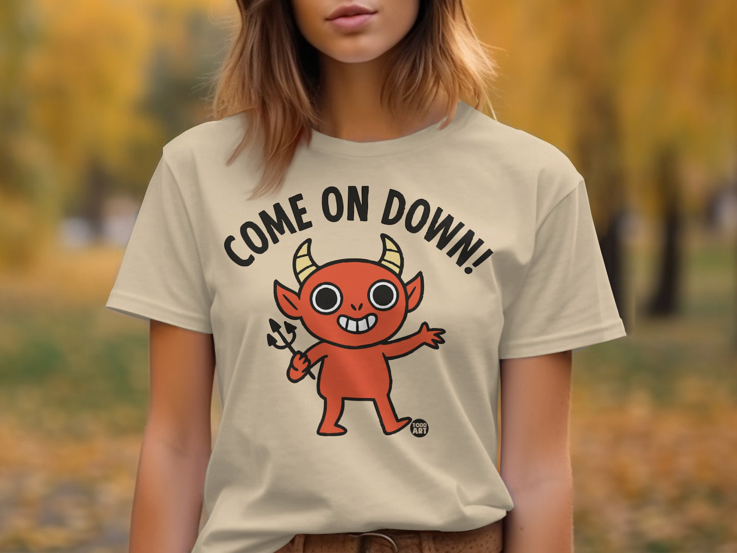 Come On Down Cartoon Red Devil Character T-shirt