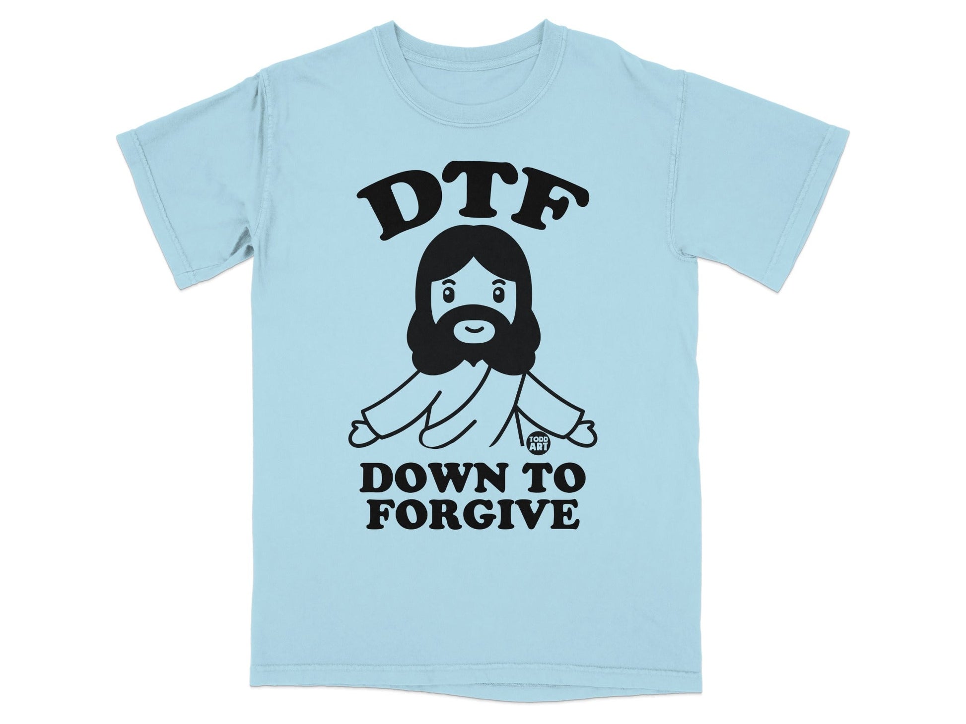 Light blue t-shirt with cartoon Jesus and text "DTF DOWN TO FORGIVE".