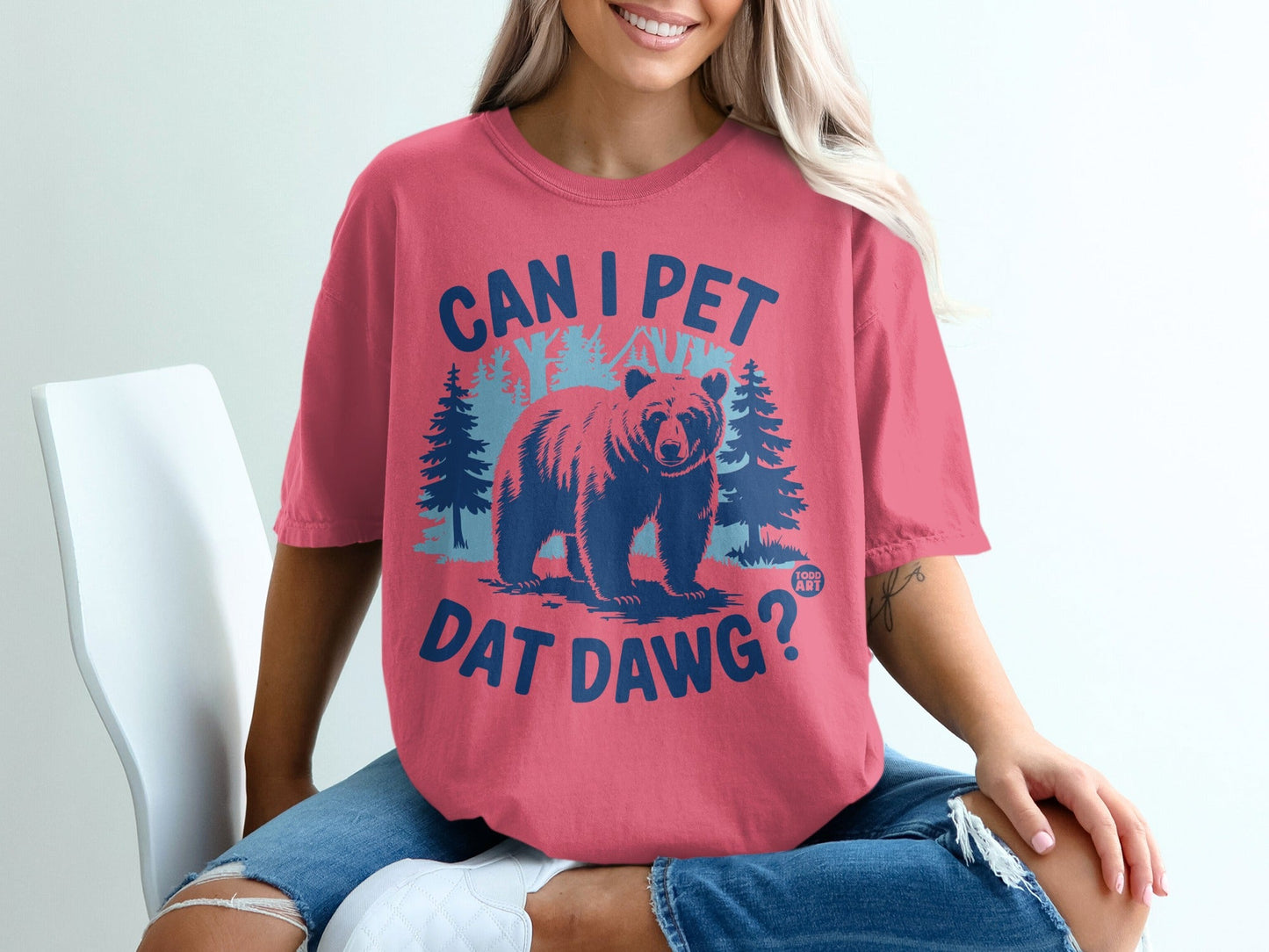 Can I Pet Dat Dawg Bear Graphic Pink T-Shirt