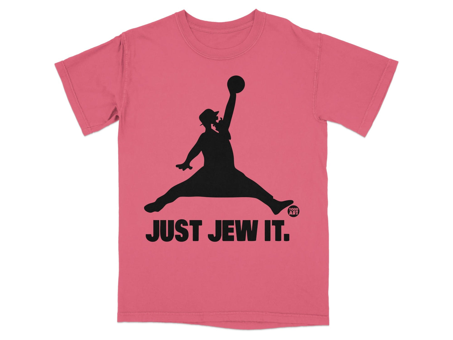 Black silhouette of a man in a hat leaping, with "JUST JEW IT." text.