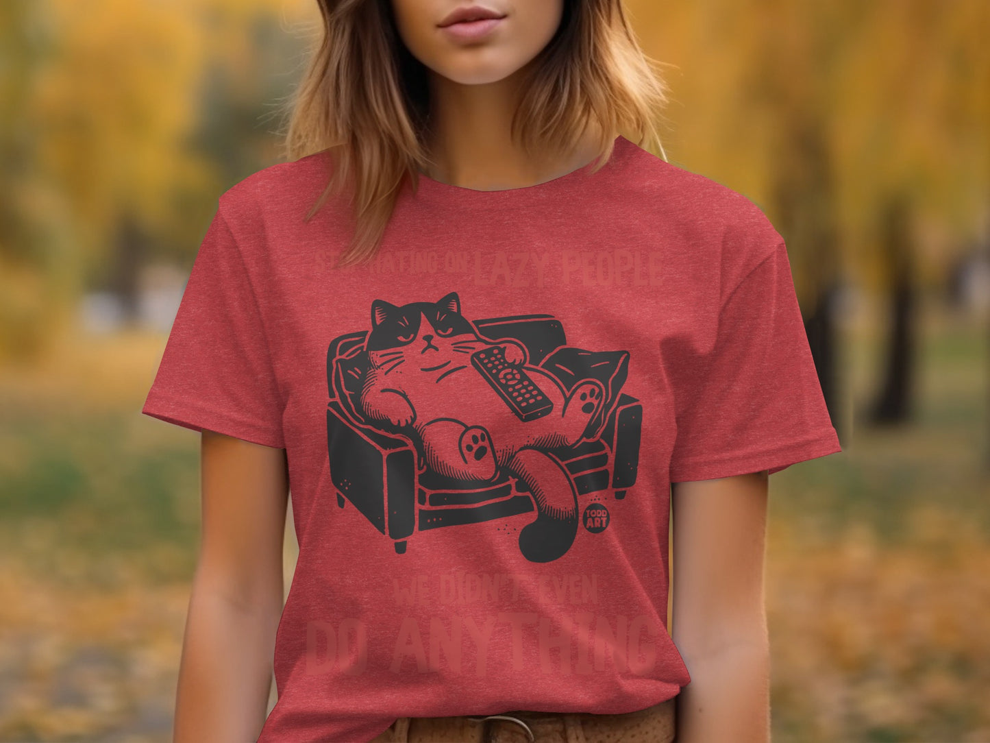 Lazy Cat Cartoon Sitting on a Couch Printed T-Shirt