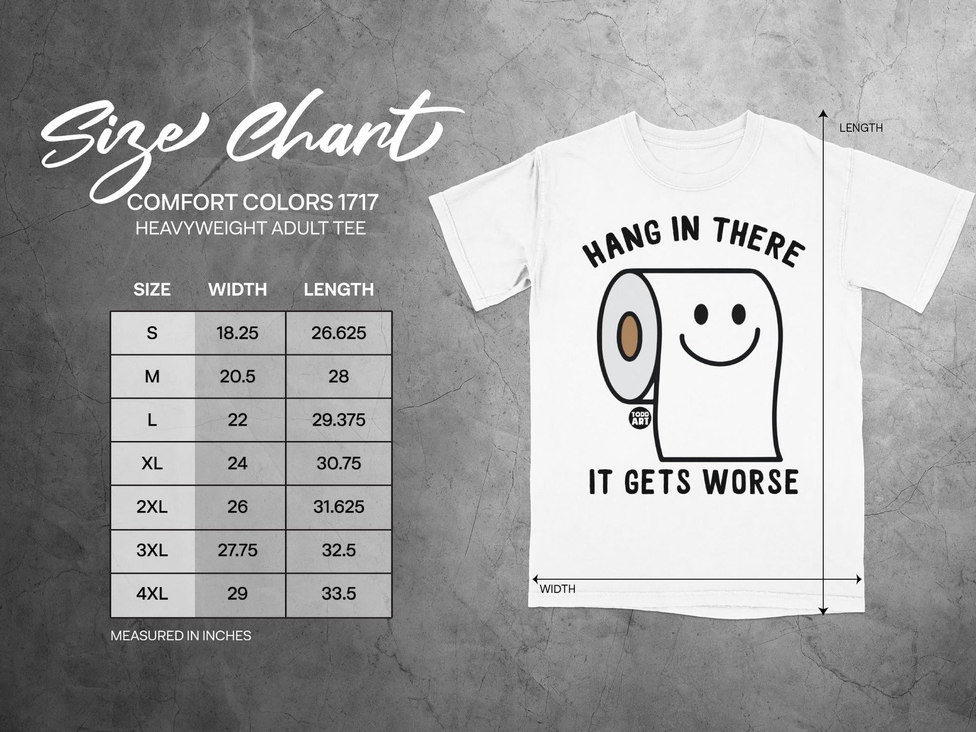 Size chart for Comfort Colors 1717 heavyweight adult tee with toilet paper graphic.