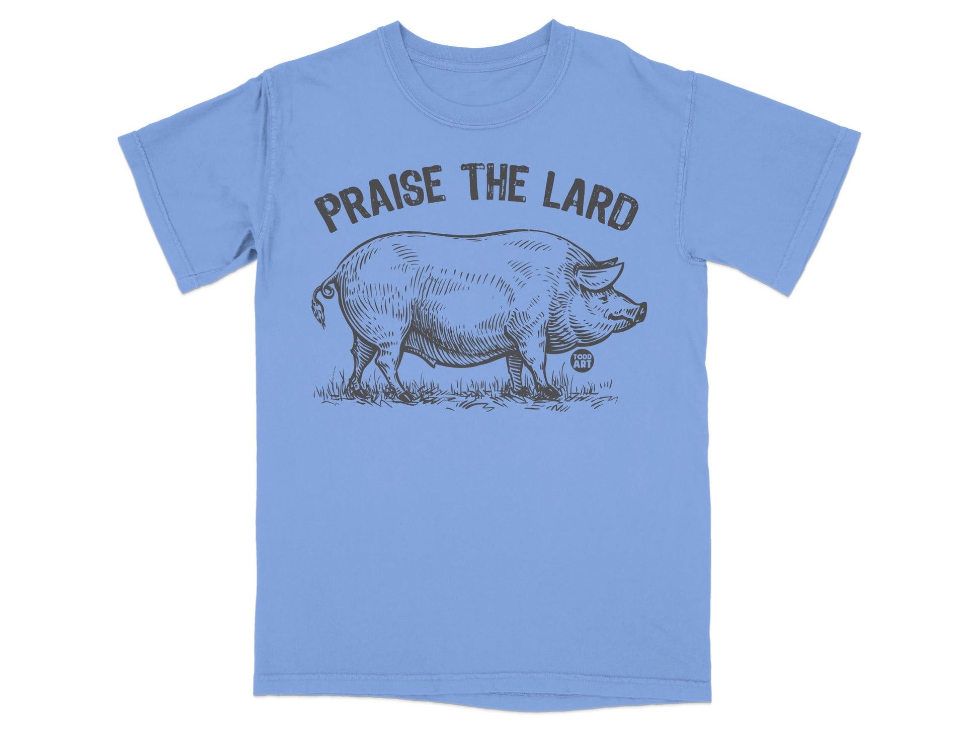 Light blue t-shirt with a vintage-style pig illustration and "Praise the Lard" text.
