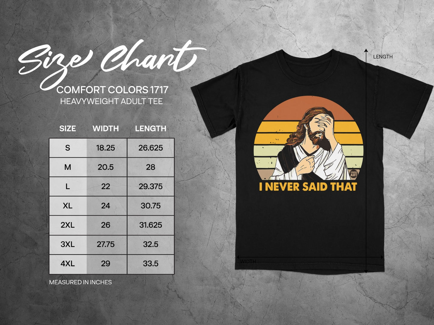 Comfort Colors 1717 heavyweight adult tee size chart and t-shirt with text.