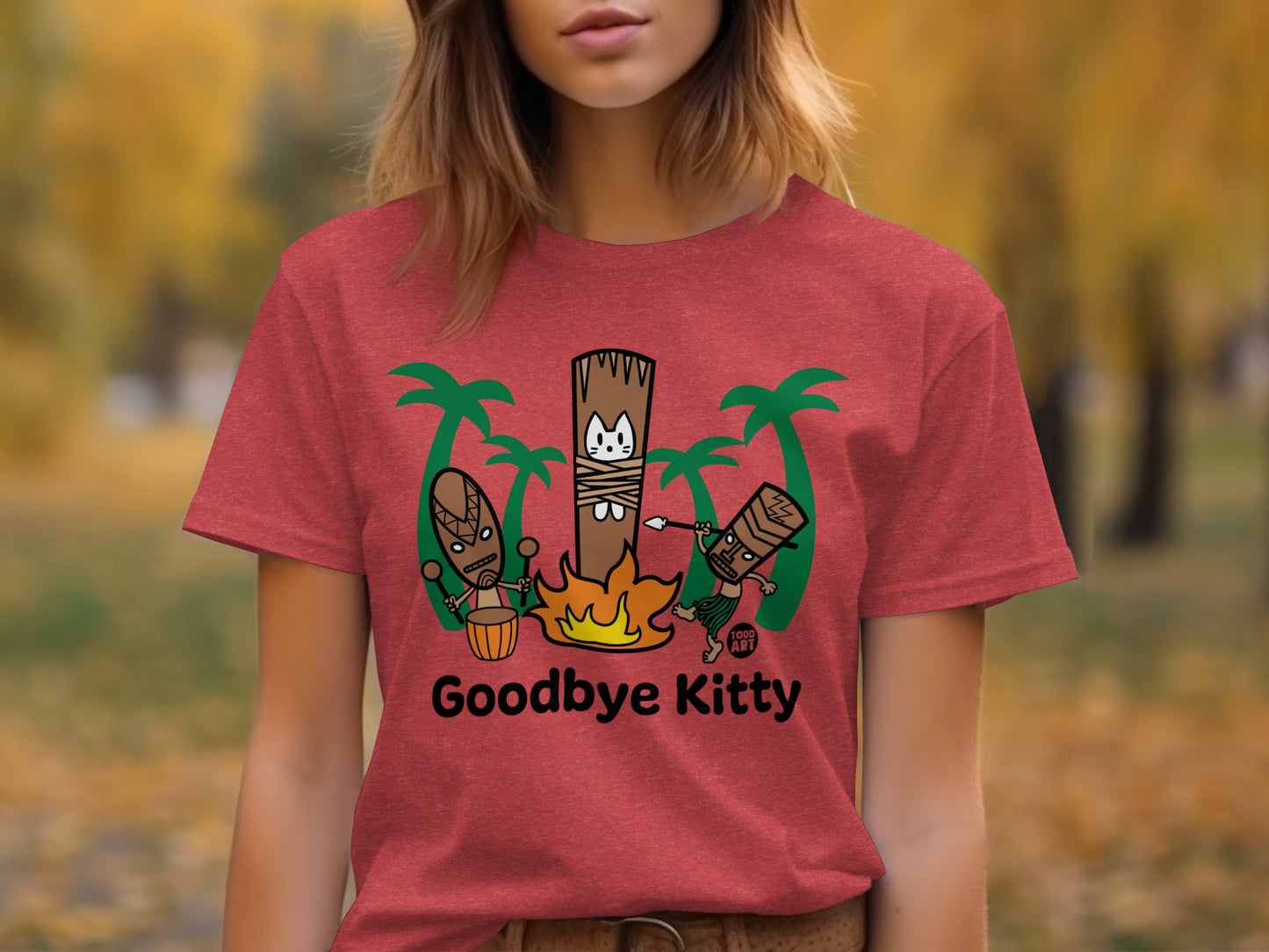 Goodbye Kitty Graphic T-Shirt with Tiki Bonfire Design