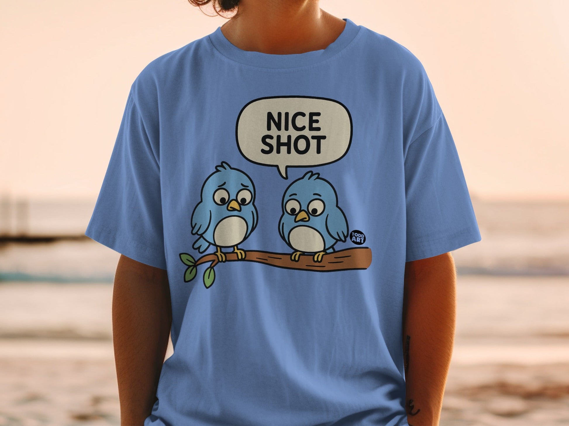 Nice Shot Cute Birds Graphic on Blue Shirt