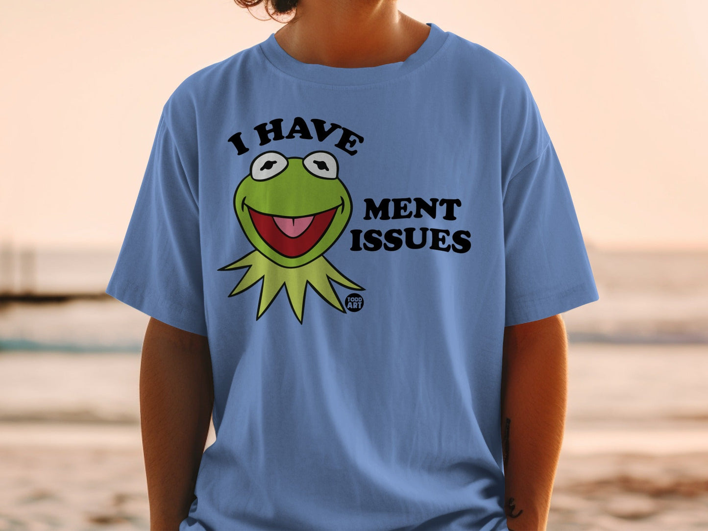 Blue t-shirt with Kermit the Frog saying "I have ment issues"