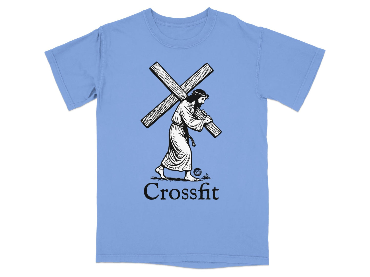 Jesus carrying a cross with "Crossfit" text below.