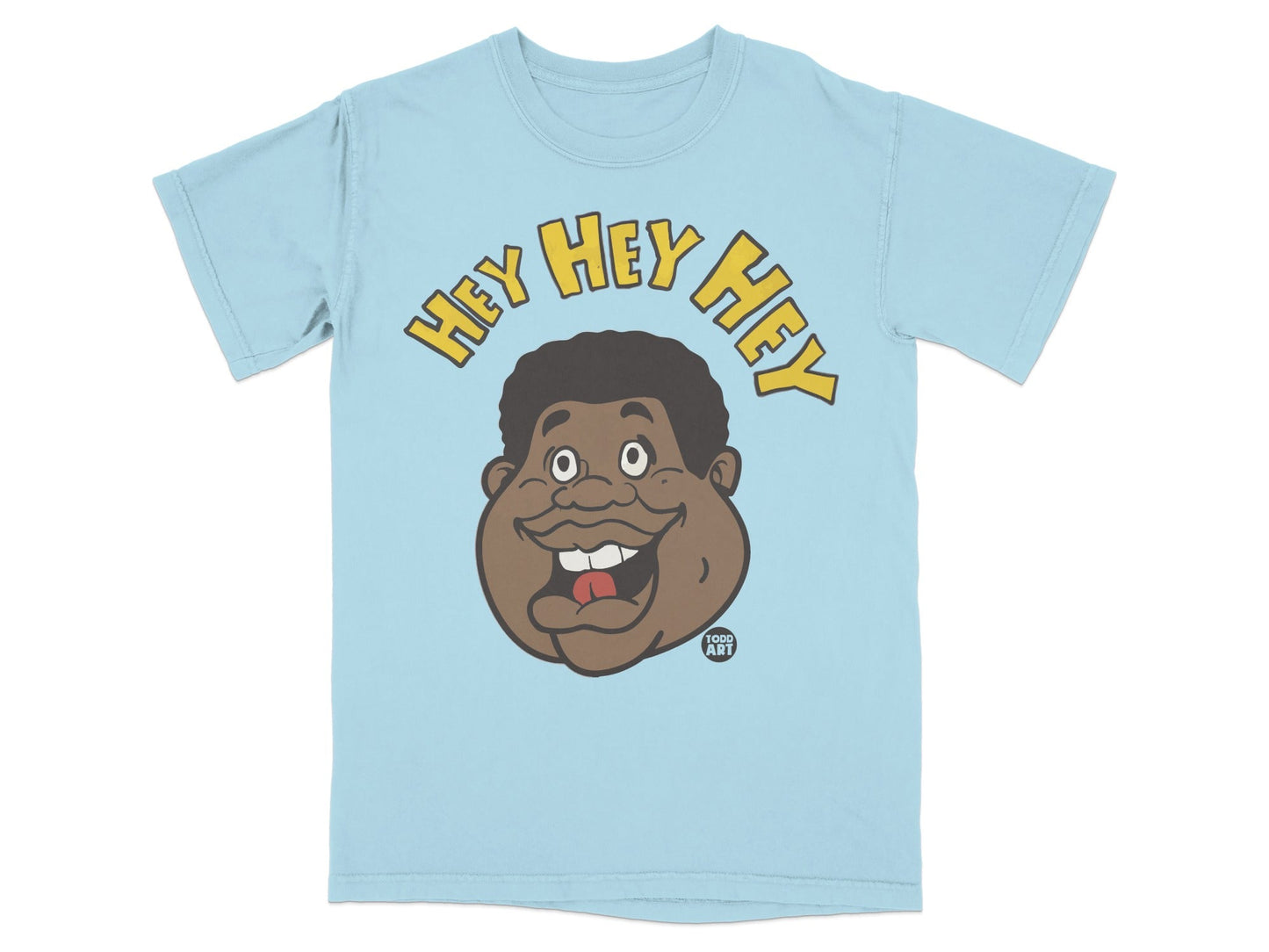 Light blue t-shirt with cartoon face and "HEY HEY HEY" text.