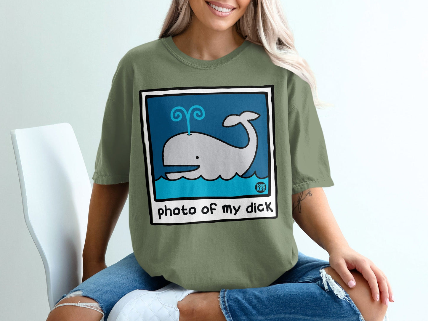 Illustration of a whale in water with "photo of my dick" text.