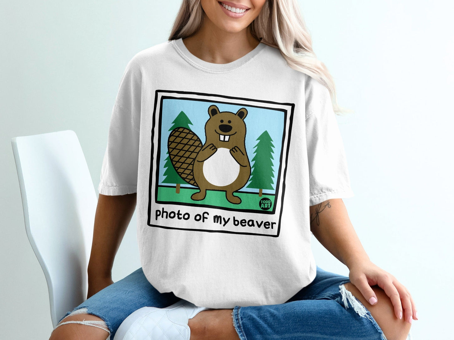 T-shirt with cartoon beaver illustration and "photo of my beaver" text.