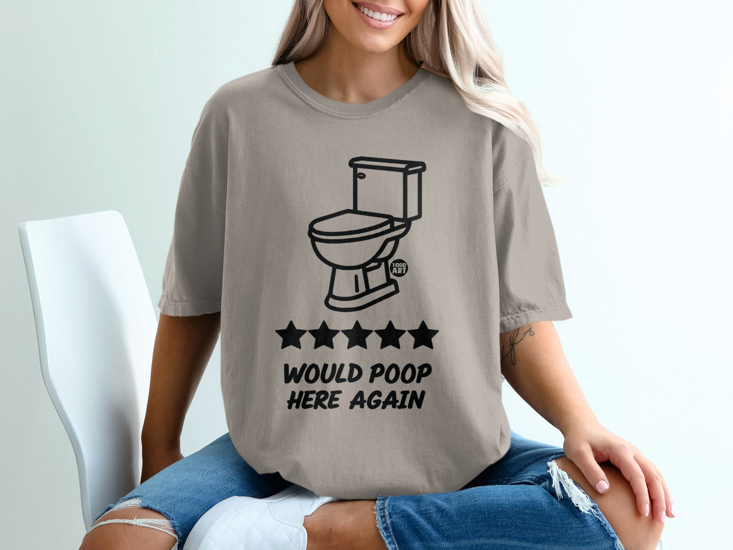 T-shirt with toilet graphic, five stars, and "Would poop here again" text.