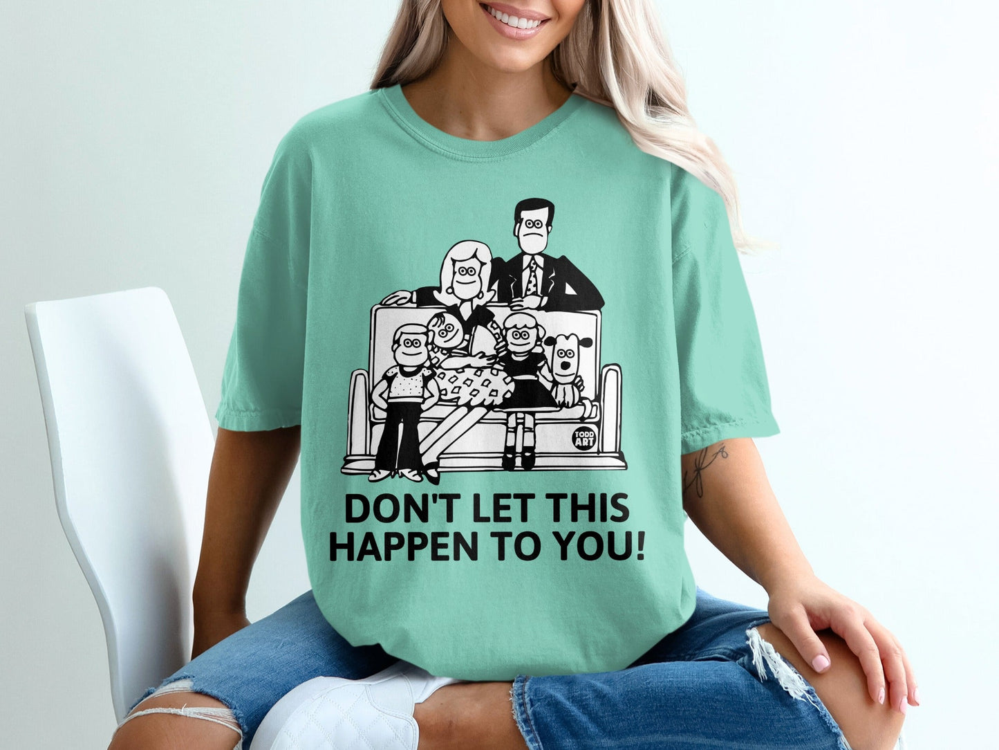 Black and white line art of a family on a couch with "DON'T LET THIS HAPPEN TO YOU!"
