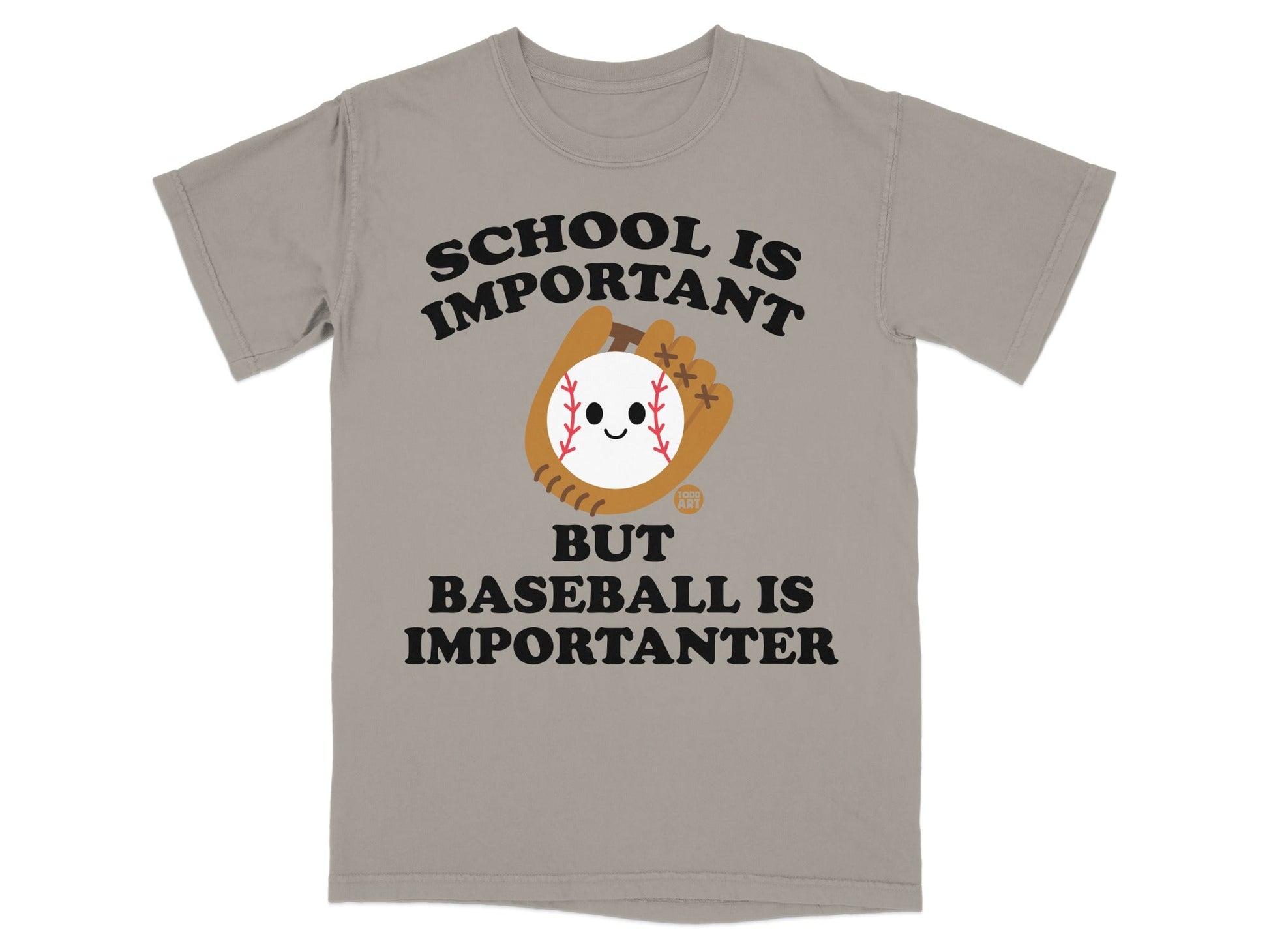 T-shirt with "SCHOOL IS IMPORTANT BUT BASEBALL IS IMPORTANTER" text and baseball graphic.