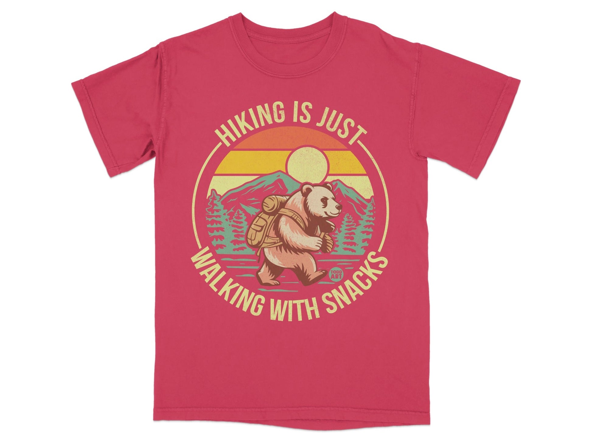 Bear hiking with backpack, mountains, trees, text "Hiking is just walking with snacks".