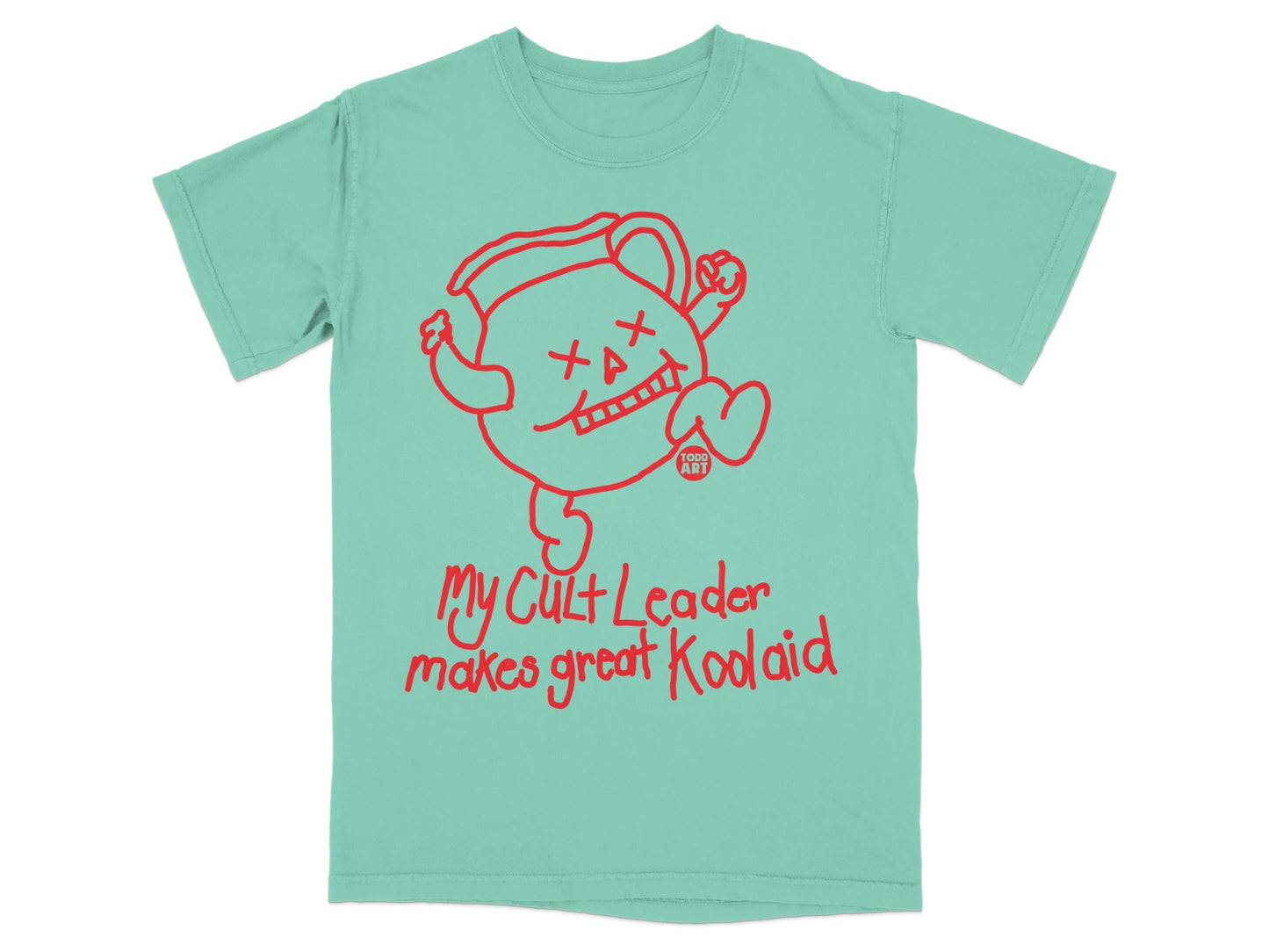 Teal t-shirt with red graphic of Kool-Aid Man and text "My Cult Leader makes great Koolaid".
