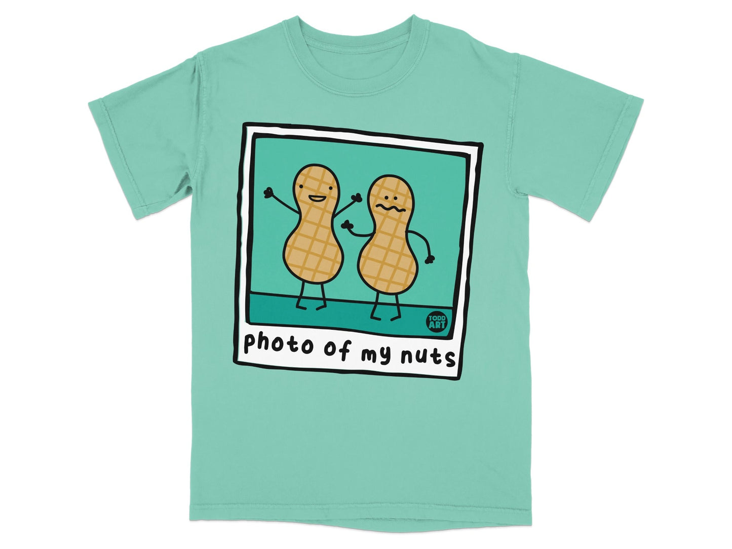 Two cartoon peanuts in a polaroid frame, one smiling, one frowning, with "photo of my nuts" text.