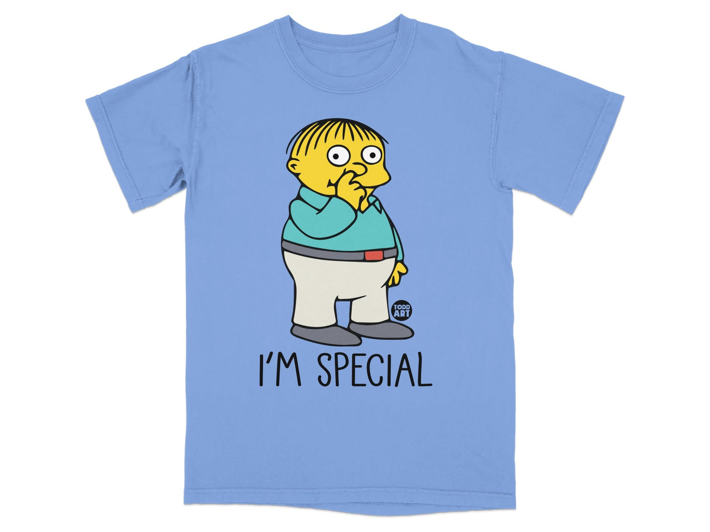 Ralph Wiggum from The Simpsons on a light blue t-shirt with "I'M SPECIAL" text.