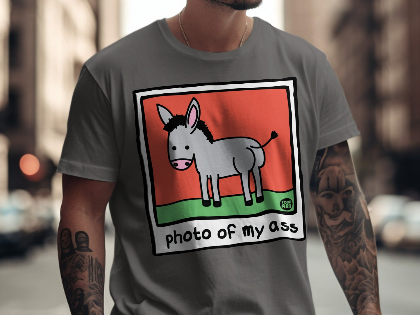 T-shirt with cartoon donkey illustration and text "photo of my ass".
