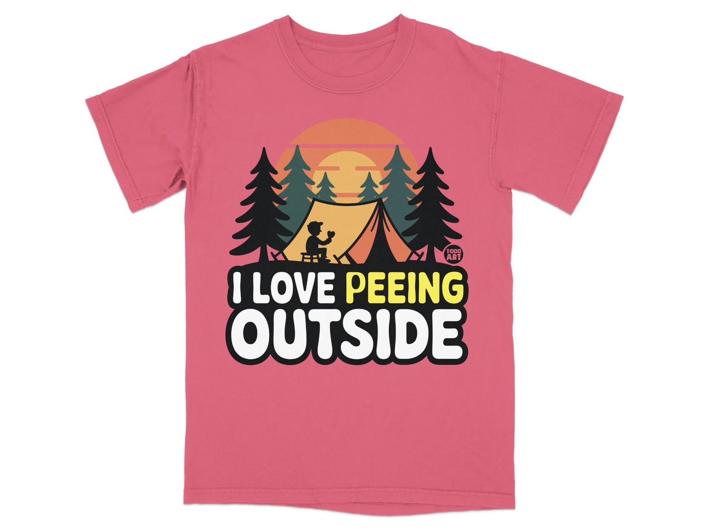 Pink t-shirt with "I love peeing outside" text and a camping scene.