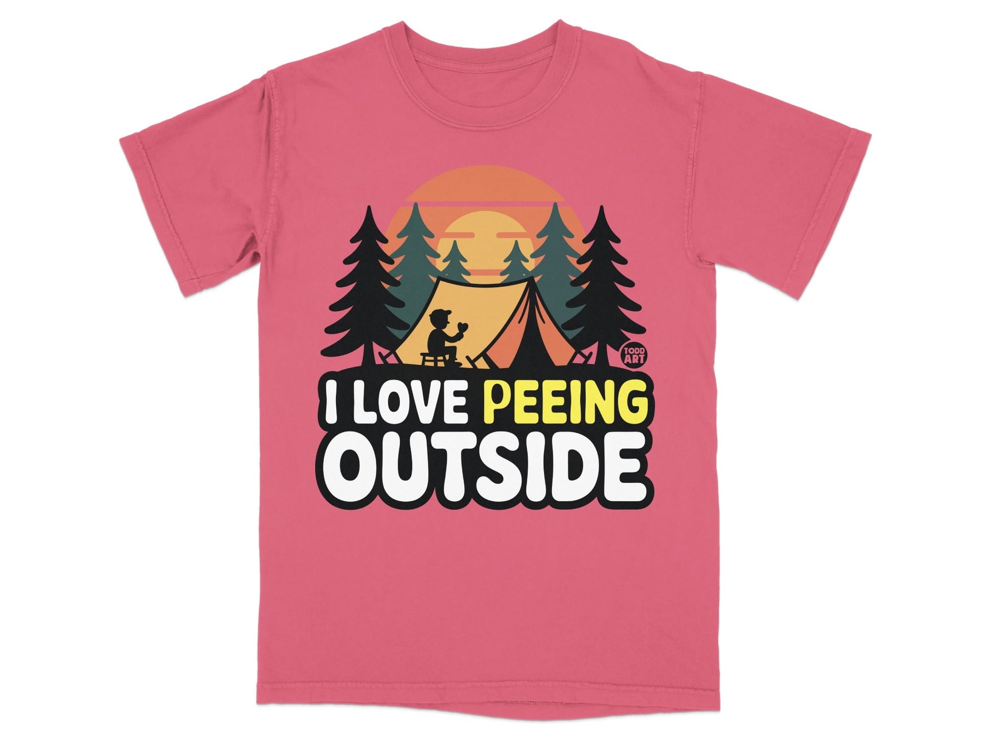 Pink t-shirt with "I love peeing outside" text and a camping scene.