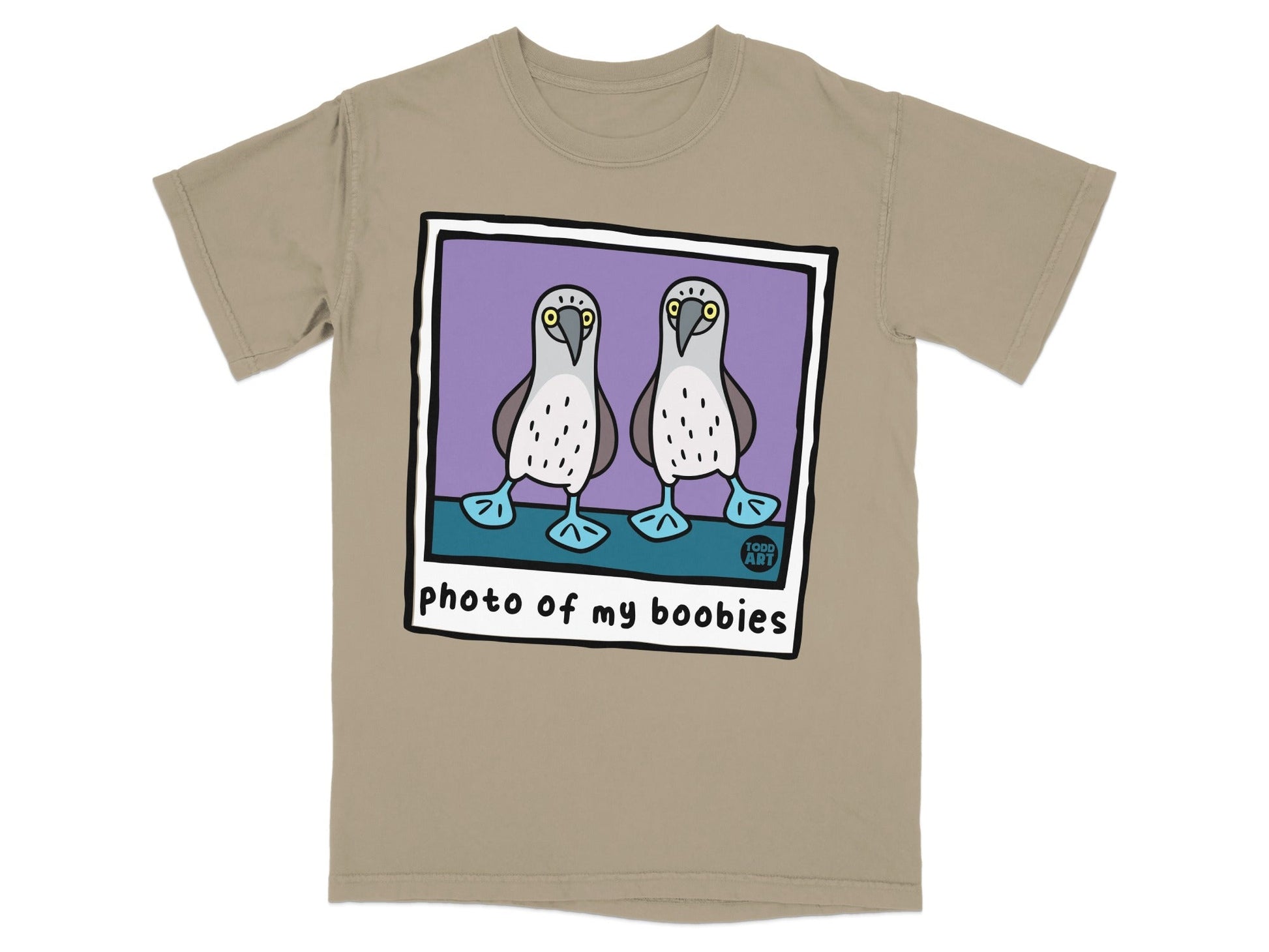 Two cartoon boobies on a t-shirt with text "photo of my boobies".
